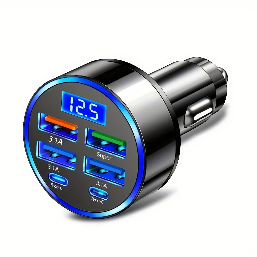 6-in-1 Car Charger with Dual USB-C & Digital Display