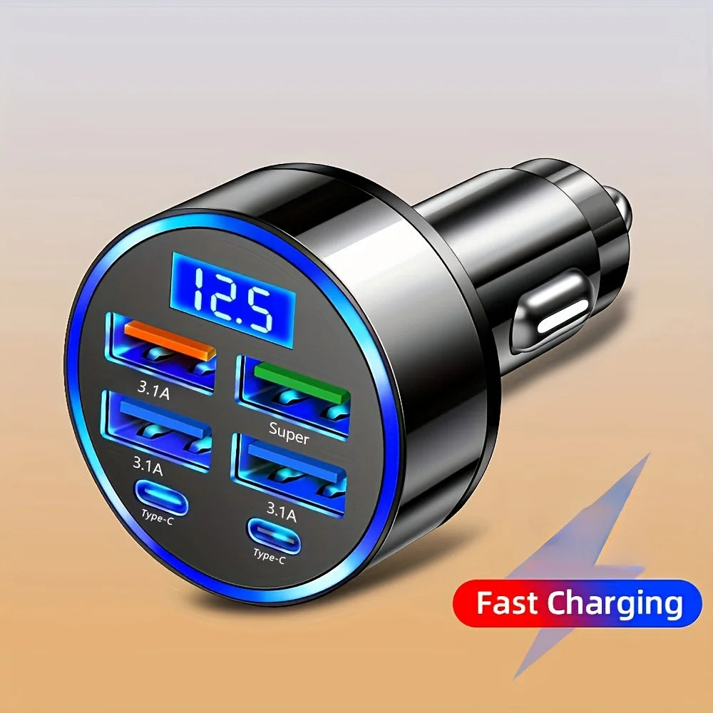 6-in-1 Car Charger with Dual USB-C & Digital Display