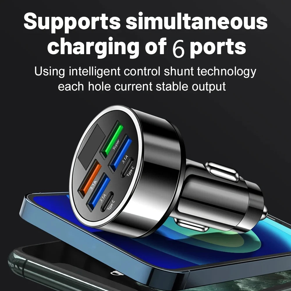 6-in-1 Car Charger with Dual USB-C & Digital Display