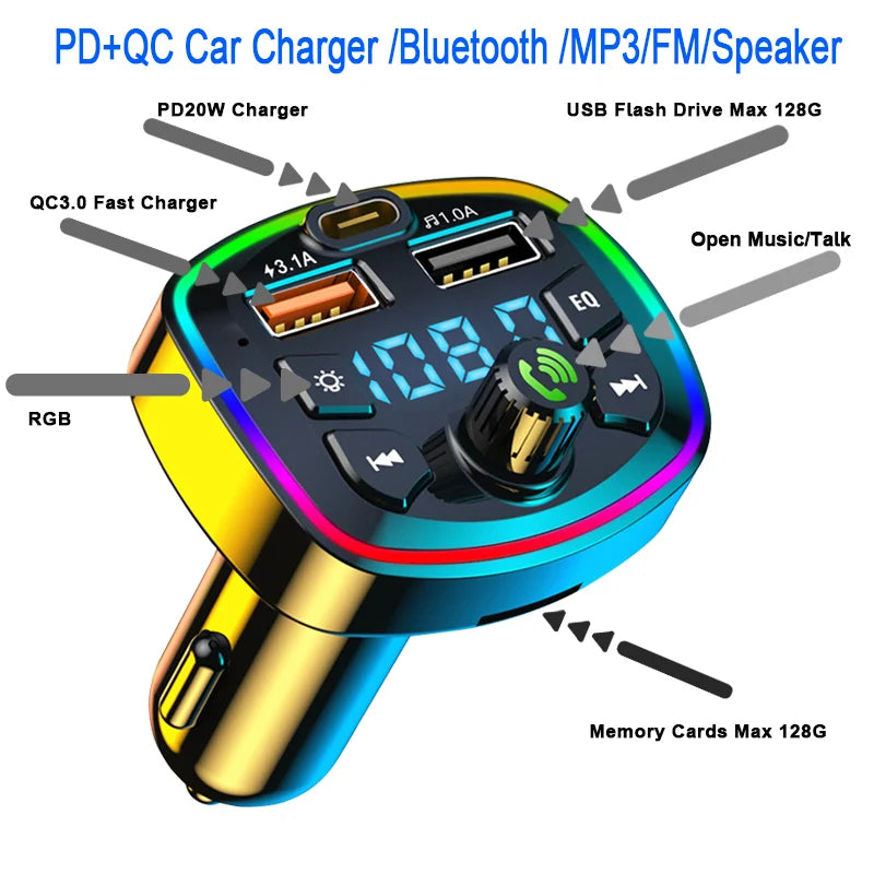 Bluetooth 5.0 FM Transmitter Car Adapter with Dual USB Charger
