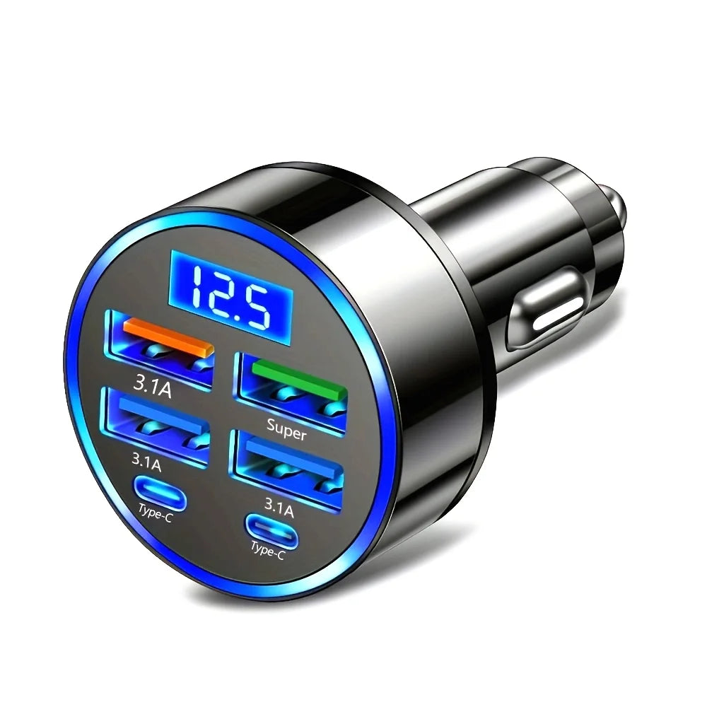 6-in-1 Car Charger with Dual USB-C & Digital Display